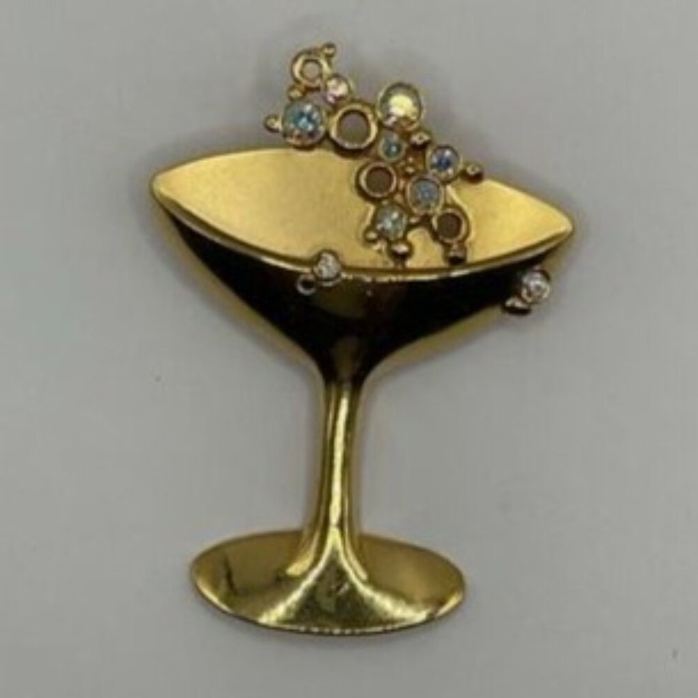 Signed JJ Jonette Vintage Pin Champagne cocktail glass crystal bubble Brooch